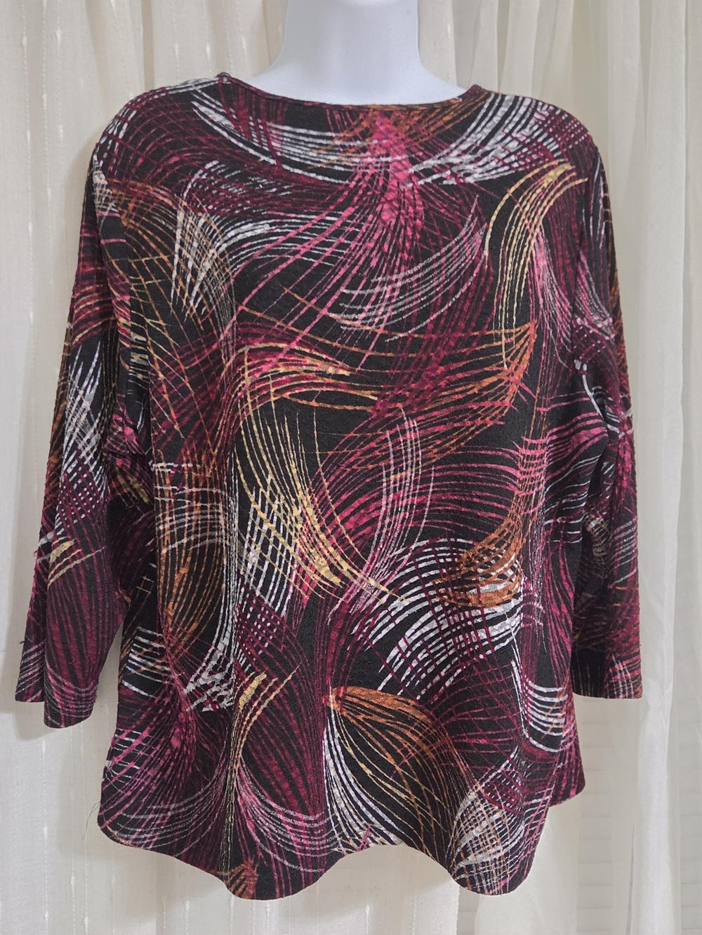 Allison Daley Abstract Swirl Knit Top in Black, Pink and Orange